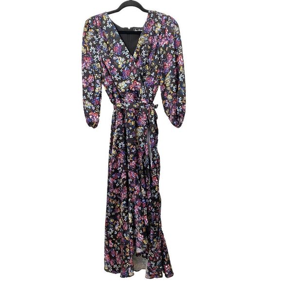 New SAM EDELMAN Black Mixed Floral Tiered Ruffle Wrap Maxi Dress Women's Sz 10 - Picture 2 of 12